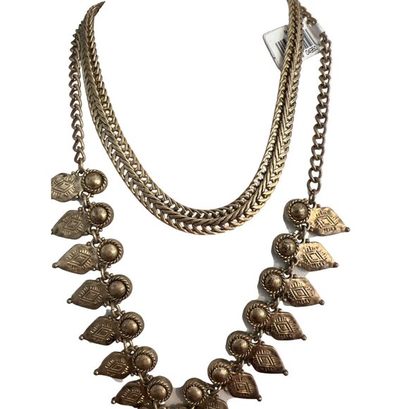 Macys Gold Tone Zipper Y Necklace Tribal Boho Choker Layered Double Strand NWT - Picture 4 of 7